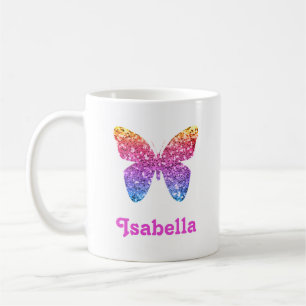 Rainbow Glitter Butterfly Cute Girly Personalised Coffee Mug