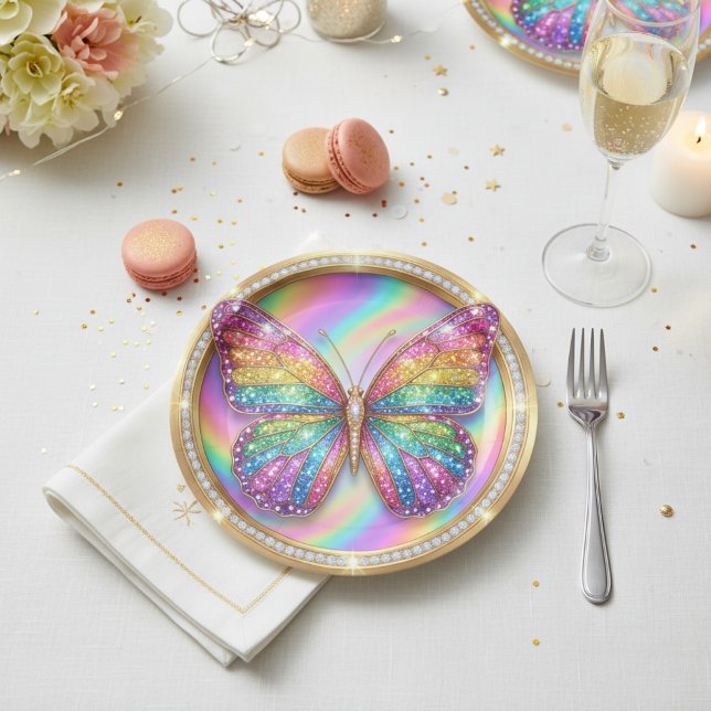 Rainbow Glitter Butterfly Party Paper Plates (Creator Uploaded)