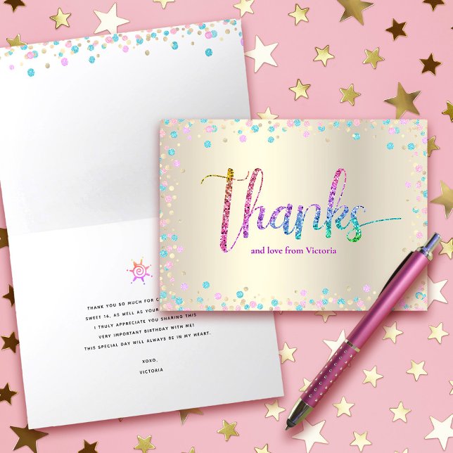 Rainbow Glitter Confetti Gold Sweet 16 Birthday Thank You Card (Creator Uploaded)