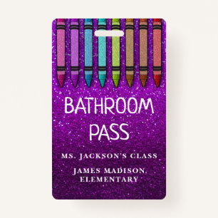 Rainbow Glitter Crayons Teacher Bathroom Hall Pass ID Badge