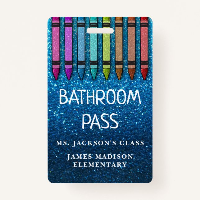 Rainbow Glitter Crayons Teacher Bathroom Hall Pass ID Badge (Front)