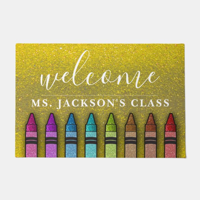 Rainbow Glitter Crayons Teacher Classroom School Doormat (Front)