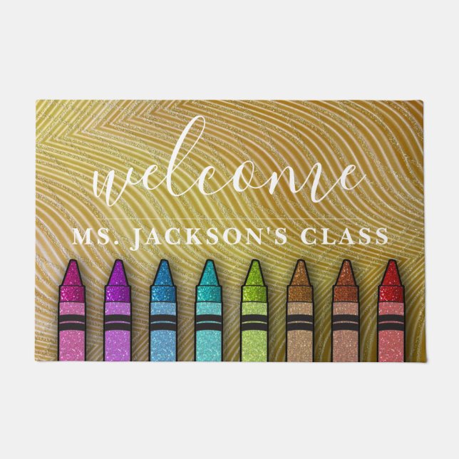 Rainbow Glitter Crayons Teacher Classroom School Doormat (Front)