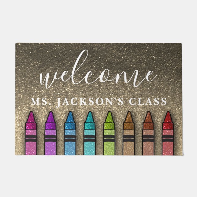 Rainbow Glitter Crayons Teacher Classroom School Doormat (Front)