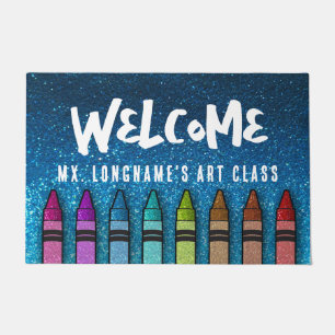 Rainbow Glitter Crayons Teacher Classroom School Doormat