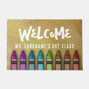 Rainbow Glitter Crayons Teacher Classroom School Doormat