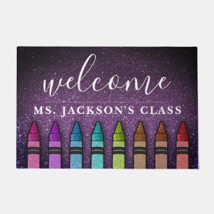 Rainbow Glitter Crayons Teacher Classroom School Doormat