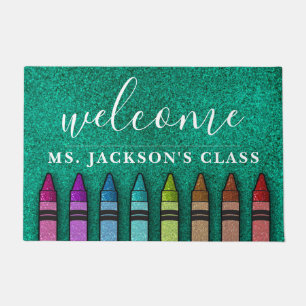 Rainbow Glitter Crayons Teacher Classroom School Doormat