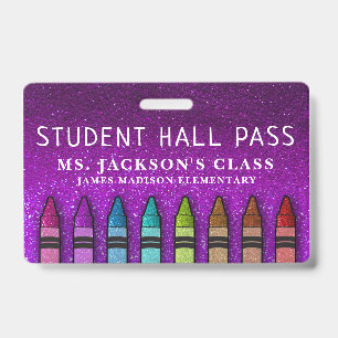 Rainbow Glitter Crayons Teacher School Hall Pass ID Badge