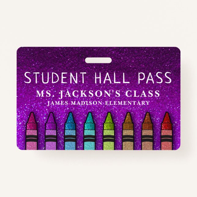 Rainbow Glitter Crayons Teacher School Hall Pass ID Badge (Front)