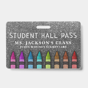 Rainbow Glitter Crayons Teacher School Hall Pass ID Badge