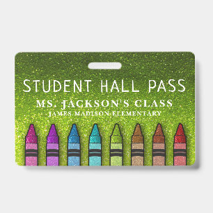 Rainbow Glitter Crayons Teacher School Hall Pass ID Badge