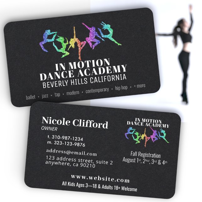 Rainbow Glitter Dance Studio Black Business Cards (Creator Uploaded)
