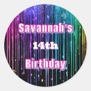 Rainbow Glitter Drip Birthday Party Classic Round Sticker