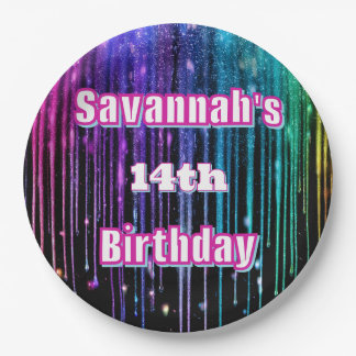 Rainbow Glitter Drip Birthday Party Paper Plate