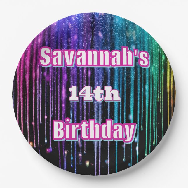 Rainbow Glitter Drip Birthday Party Paper Plate (Front)
