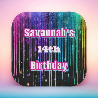 Rainbow Glitter Drip Birthday Party Paper Plate