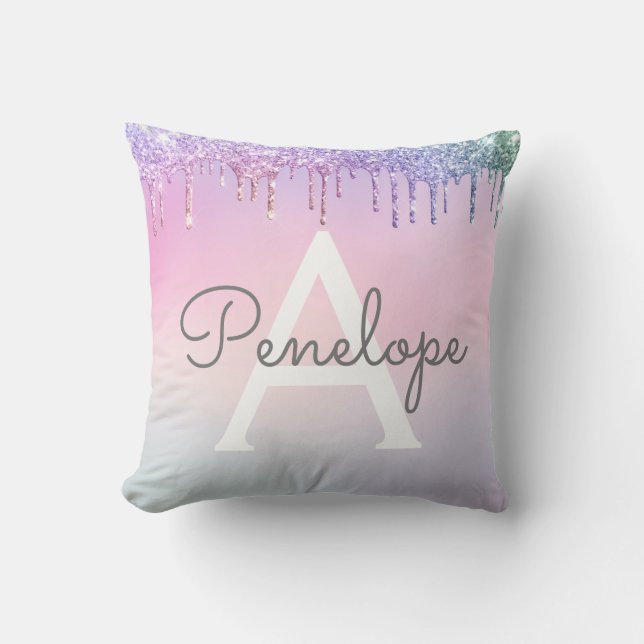 Rainbow Glitter Dripping Glam With Monogram Cushion (Front)
