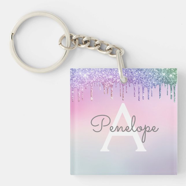 Rainbow Glitter Dripping Glam With Monogram Key Ring (Front)