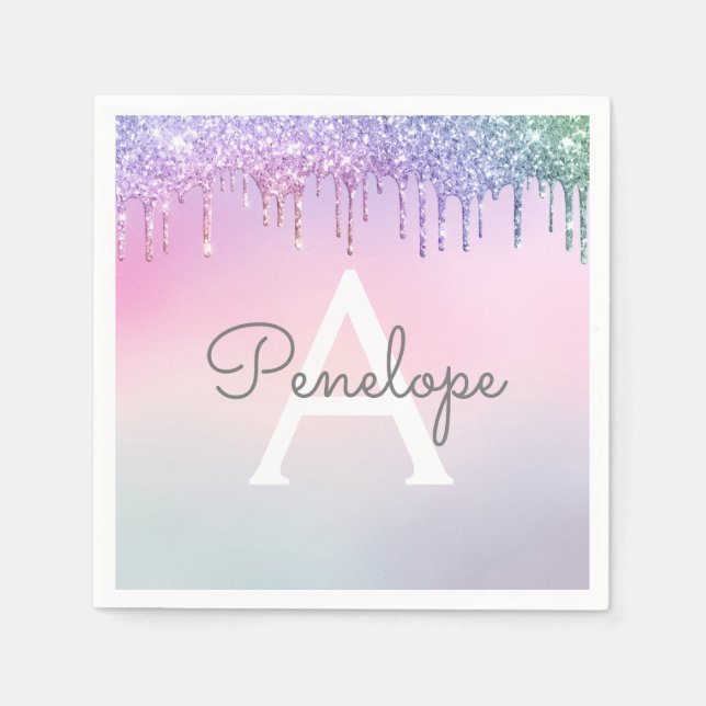 Rainbow Glitter Dripping Glam With Monogram Napkin (Front)