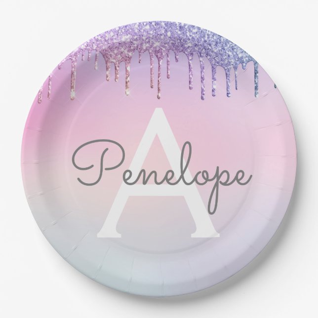 Rainbow Glitter Dripping Glam With Monogram Paper Plate (Front)