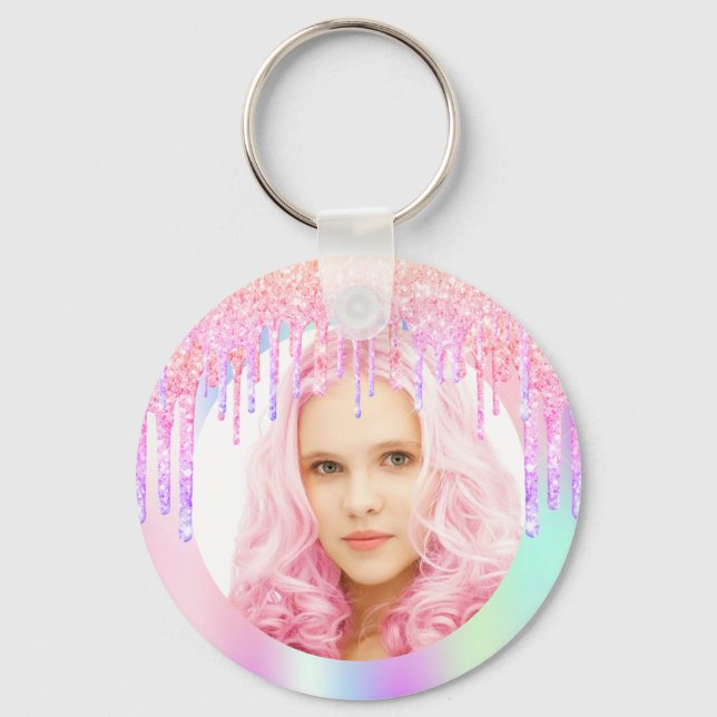 Rainbow glitter drips custom photo pink key ring (Front)