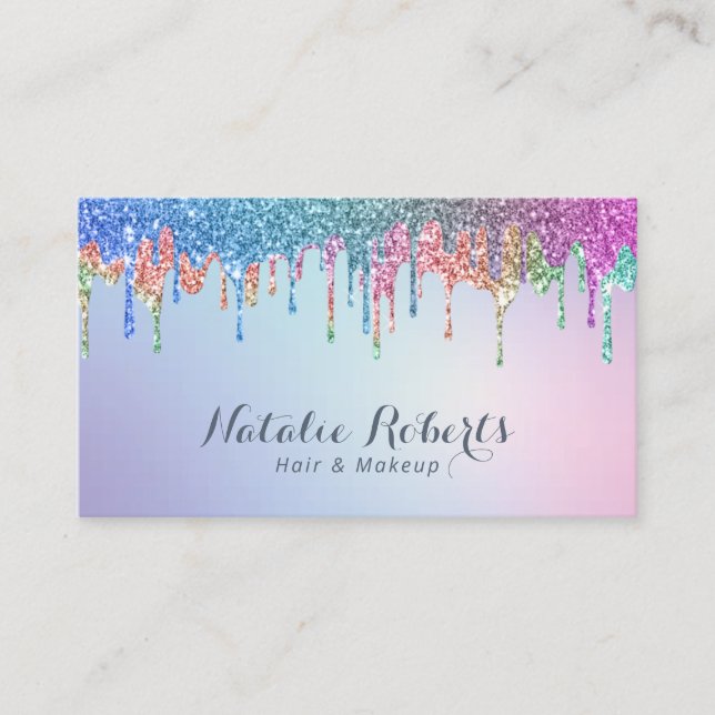 Rainbow Glitter Drips Hair Stylist Makeup Artist Business Card (Front)