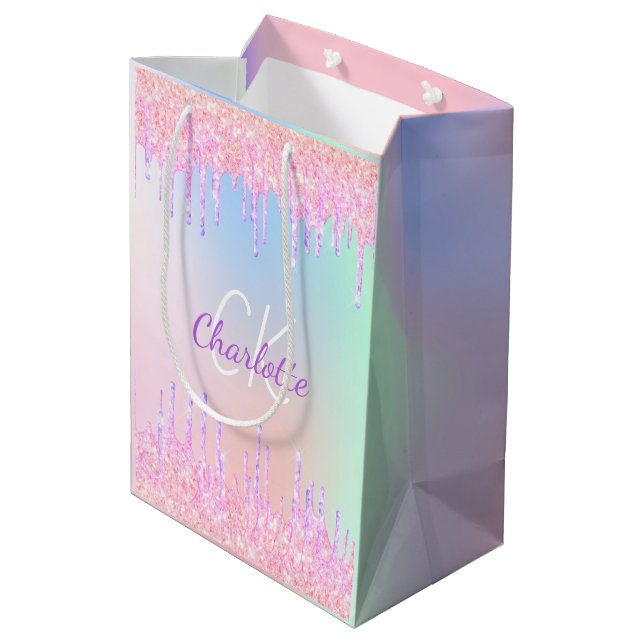 Rainbow glitter drips pink monogram luxury medium gift bag (Back Angled)
