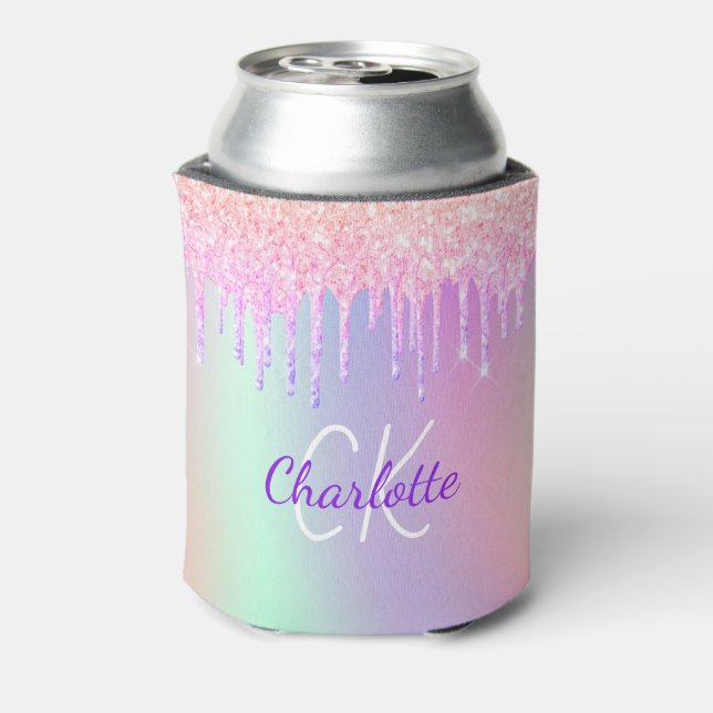 Rainbow glitter drips pink monogram sparkle can cooler (Can Back)