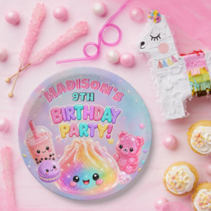 Rainbow Glitter Dumpling Squishies Birthday Party Paper Plate