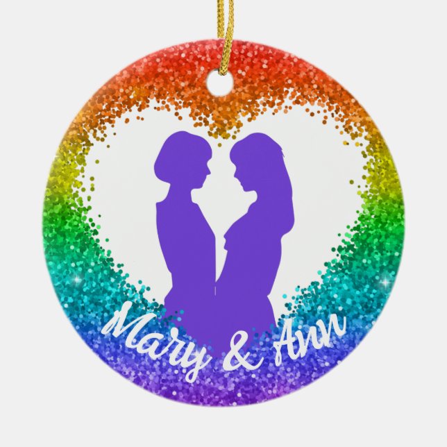 Rainbow Glitter Heart LGBT Lesbian Christmas Names Ceramic Tree Decoration (Front)