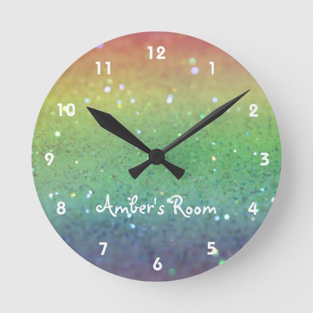 Rainbow Glitter Kid's Bedroom Round Clock (Front)