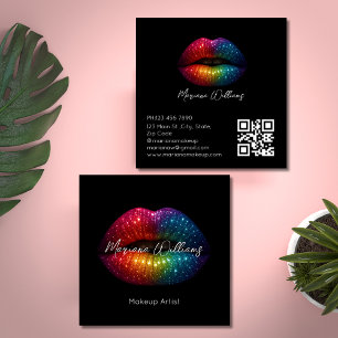 rainbow glitter lips makeup artist qr code black square business card