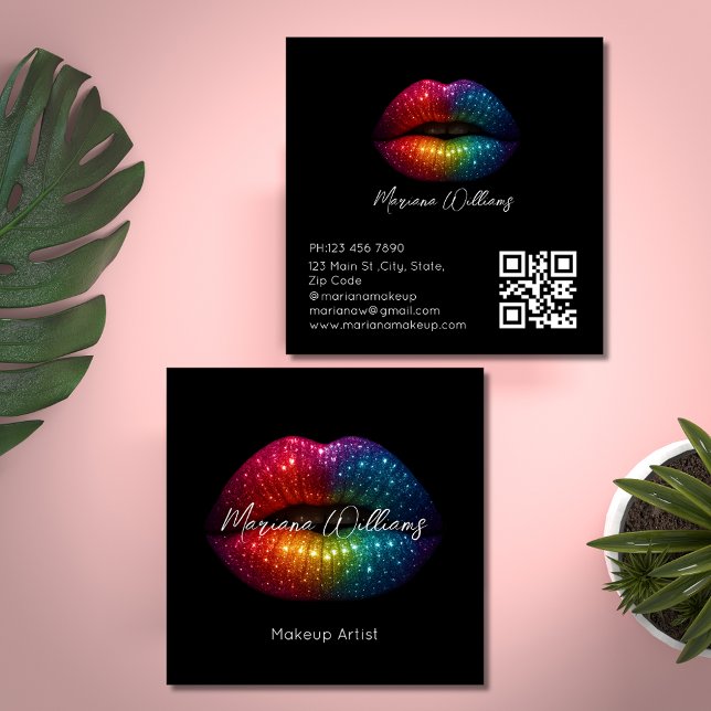 rainbow glitter lips makeup artist qr code black square business card (Creator Uploaded)