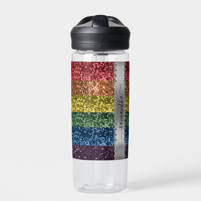 Rainbow Glitter Look Personalised Name Water Bottle (Front)