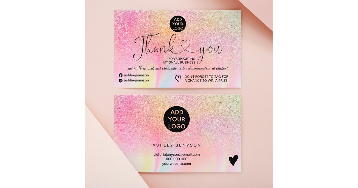 Rainbow glitter marble logo order thank you business card | Zazzle.co.nz