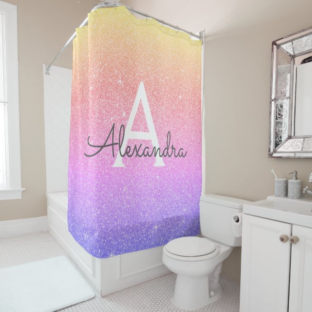 Rainbow Glitter Monogram Name Bathroom Shower Curtain (In Situ)