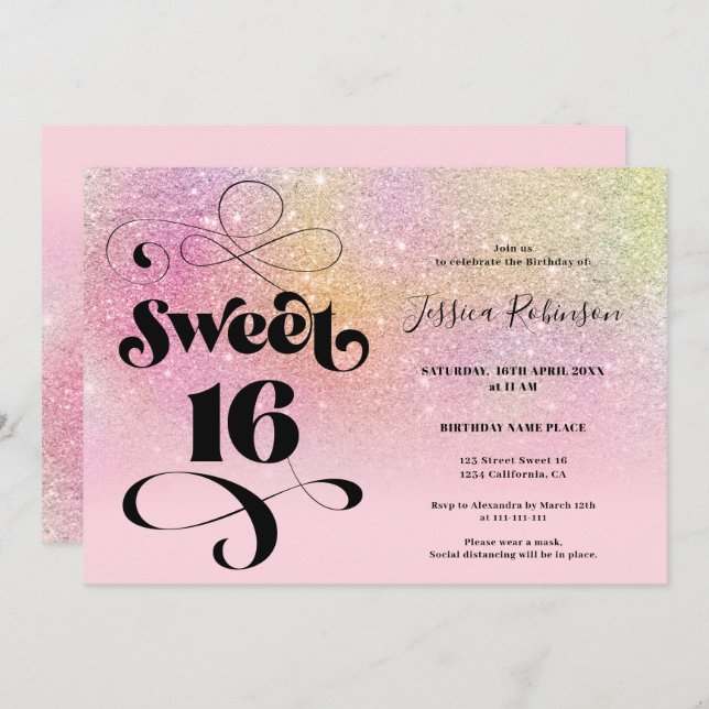 Rainbow glitter ombre chic girly pink Sweet 16 Invitation (Front/Back)