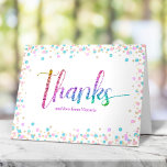 Rainbow Glitter Ombre Confetti Sweet 16 Birthday Thank You Card<br><div class="desc">Here’s a fun, sparkly way for the birthday girl to show her appreciation to all who supported her milestone event! Send out this stunning, simple, festive, modern, personalised thank you note. Rainbow glitter script typography, along with festive turquoise, purple pink and gold confetti, overlays a white background. On the front,...</div>