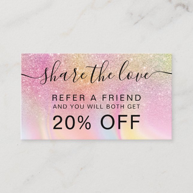 Rainbow glitter ombre rainbow unicorn holographic referral card (Front)