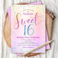 Rainbow Glitter Ombre Script Sweet 16 Birthday