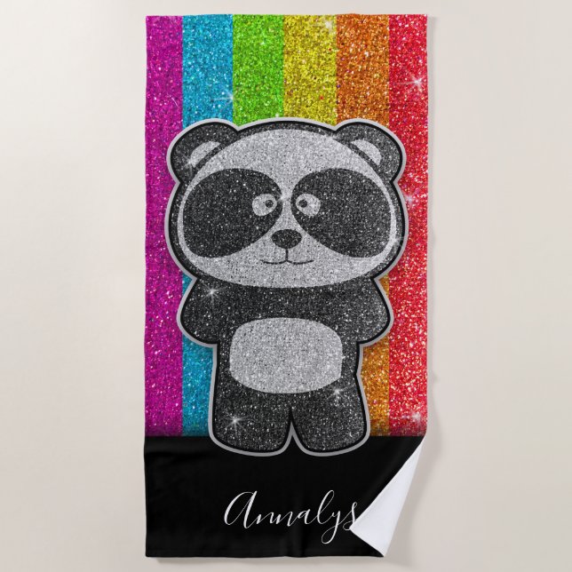 Rainbow Glitter Panda Gay Pride Flag Sparkles Beach Towel (Front)