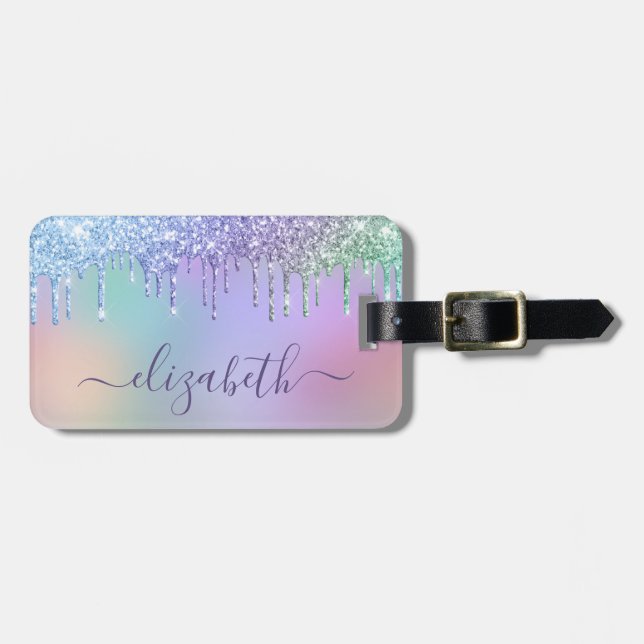Rainbow Glitter Personalised Luggage Tag (Front Horizontal)