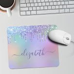 Rainbow Glitter Personalised Mouse Pad<br><div class="desc">Cute girly mouse pad featuring unicorn-coloured rainbow faux dripping glitter against a background of purple,  pink,  blue,  green and yellow. Personalise with your name in a stylish trendy purple script.</div>