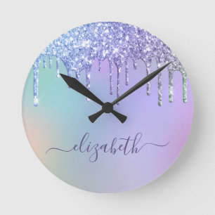 Rainbow Glitter Personalised Round Clock