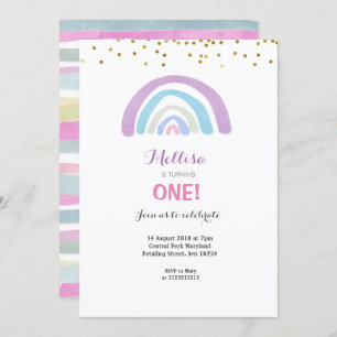 Rainbow Glitter Pink 1st Birthday Invitation Girl