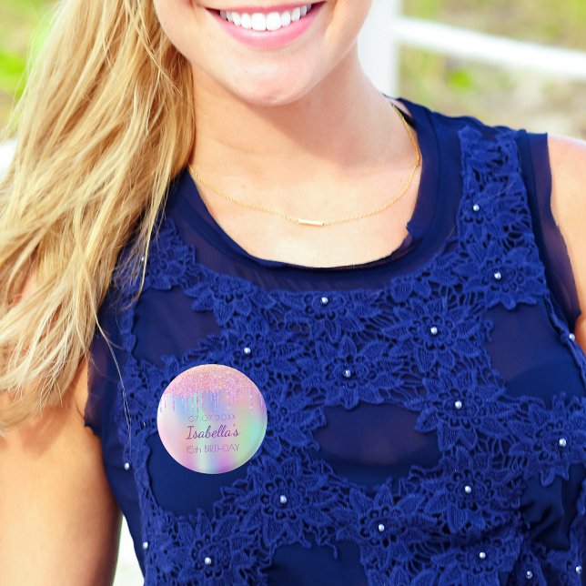 Rainbow glitter pink name monogram  3 cm round badge (Creator Uploaded)