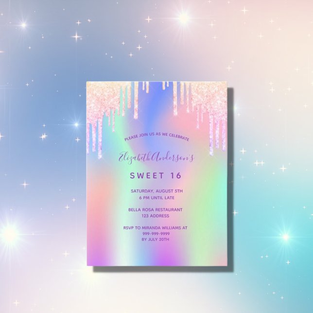 Rainbow glitter pink rose gold Sweet 16 invitation Postcard (Creator Uploaded)