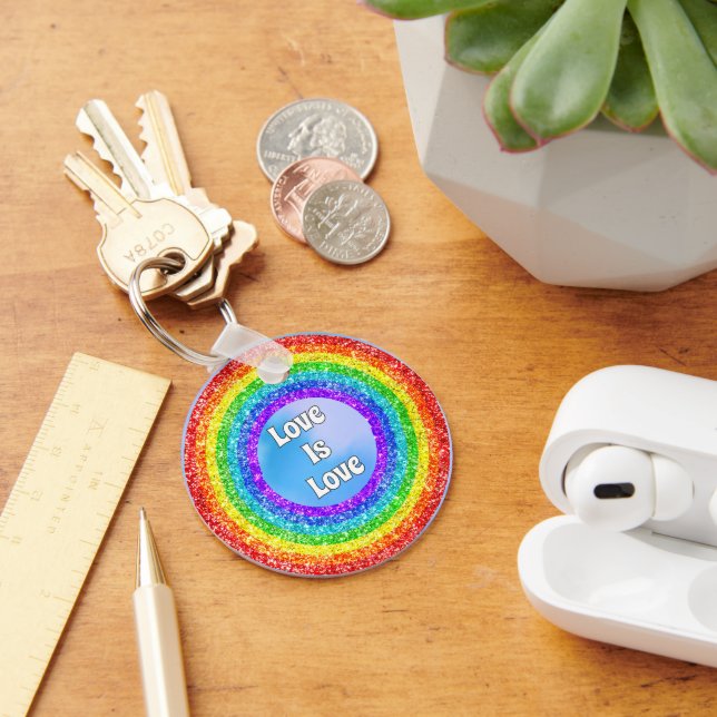 Rainbow Glitter Pride LGBT Love is Love Circle Key Ring (Desk)