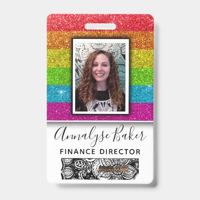 Rainbow Glitter Professional CNA Nurse Photo Name ID Badge (Front)